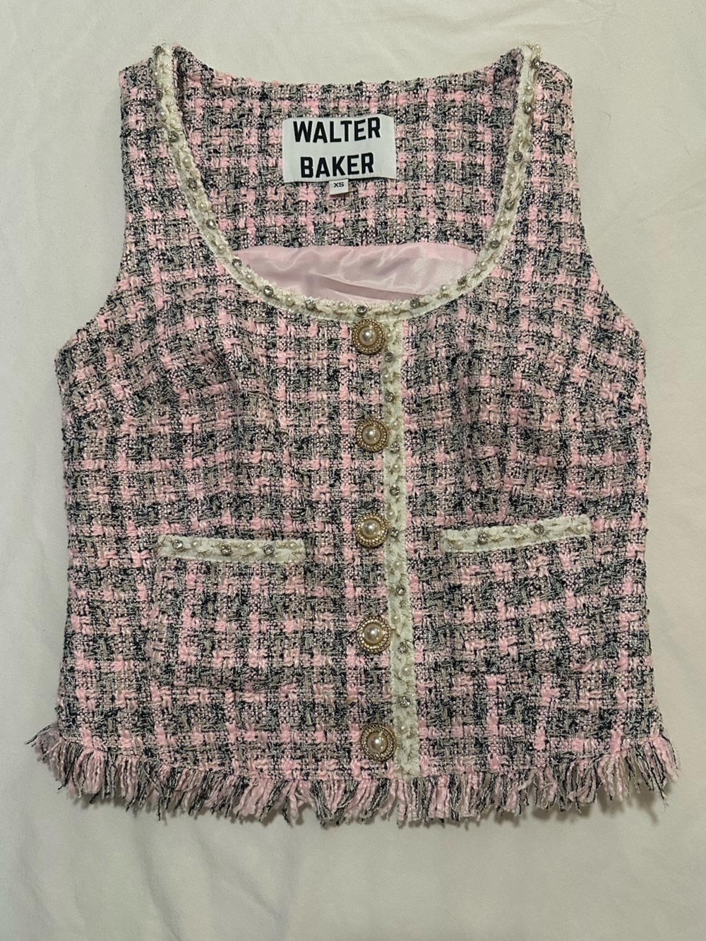 Walter Baker Pink and Black Tweed Pearl-Trim Vest